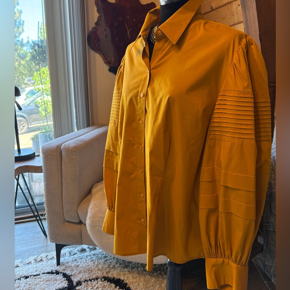 Pleated Balloon Sleeve Button Down Blouse in Yellow Gold by NY&C XXL